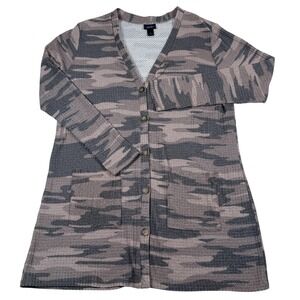 Oversized Cardigan Sweater Small Camo Button Front Waffle Knit Pockets Army